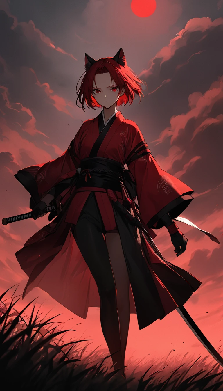 Ink drawn illustrations。high resolution。Beautiful Face。A woman in scarlet ronin clothing。Beautiful feet。Messy red short hair。forehead。Cat ear。Cat Eyes。 White silver grass field。A world of thick fog,。Red Eyes。clothes are blowing in the wind。Serious expression。The sword is at his waist。alone。Japan。black sun。Red Sky。Chiaroscuro,