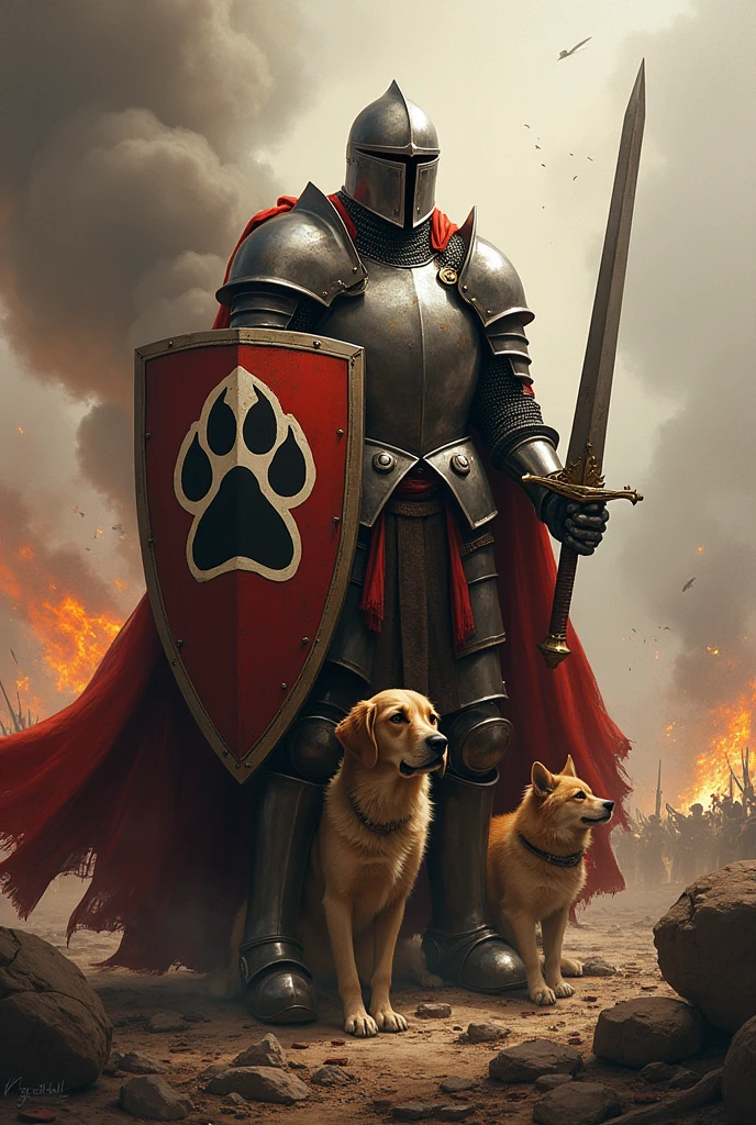 Knight with sword and shield symbol of paw prints in the middle of a war protects abandoned dog and cat