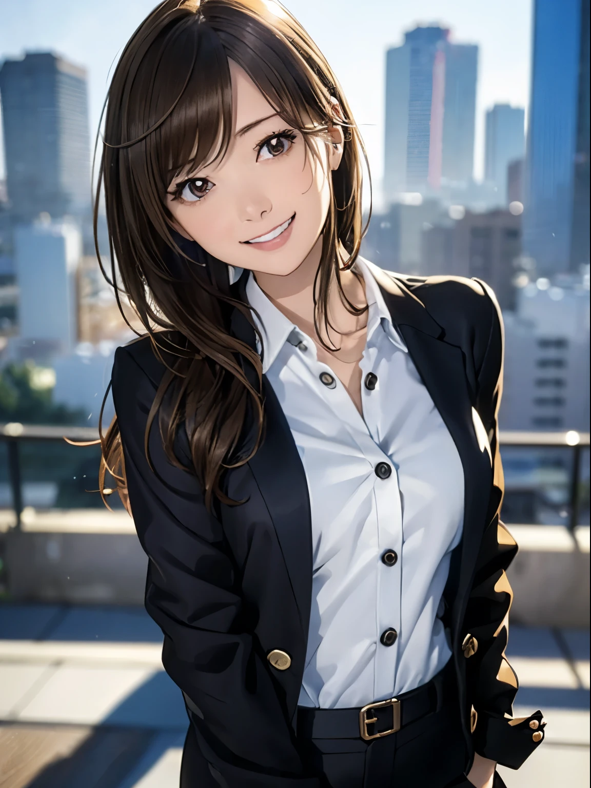 High resolution, 8k, Highest quality, detailed, Semi-realistic anime, Anime 3D Style, Smooth anime CG, One Girl, A 20-year-old Japanese woman, slim, Modeled, Shiny brown hair, detailedな顔, Beautiful and detailed, Glowing Skin, Hard Focus、Film Grain, Soft lighting, Looking at the audience, Laughter, (A woman wearing a formal jacket and pantsuit), A city lined with office buildings、A street where businessmen come and go