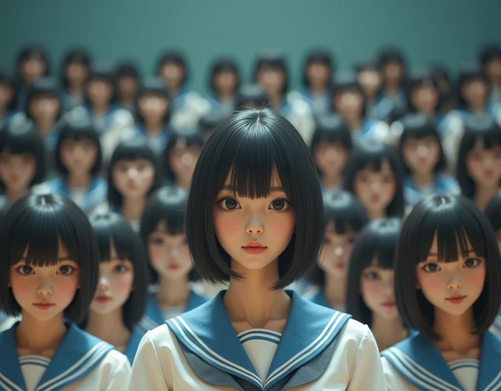(Japanese Clone-girls=Myself), (Super Best masterpiece Clone-girls Raw Photography Art), (16K, Highest quality, Ultra-high resolution, RAW Photos), (It&#39;s so unrealistic., With unparalleled depiction, With an unfathomable sight, An unprecedented and shocking worldview, Clone-girls: In a world of mass reproduction, Ultra-realistic), (Japanese Girls, 16yo, Small face, Thick black hair, long hair, Dark Eyes, Mature face, かわいいsmile, Smiling face, A gentle gaze, Very pleasant look), (Very beautiful detailed girls, Accurate body structure, Accurate body movements, Very detailed body, (Super big breasts, Large bulge of ample breasts)), (Schoolgirl uniform, Short sleeve, mini skirt, Emphasise the fullness of your breasts), (Very detailed, Myself cloning, Depiction of splitting oneself, 1Myself girl→1,000,000,000,000,000,000,000,000,000,000Myself cloning girls), (Very detailed and intricate, Myself clone-girlsから, Myself&#39;s body is multiplying, A perfectly matched depiction, (In the same female body,With the same face, With the same hairstyle, In the same clothes, At the same height, 同じSuper big breasts)), (Myself girls only), Academy, gym, stage, academic level, Commemorative photo depiction, Group photo, Tiered stage photography, smile, Ultra-wide field of view