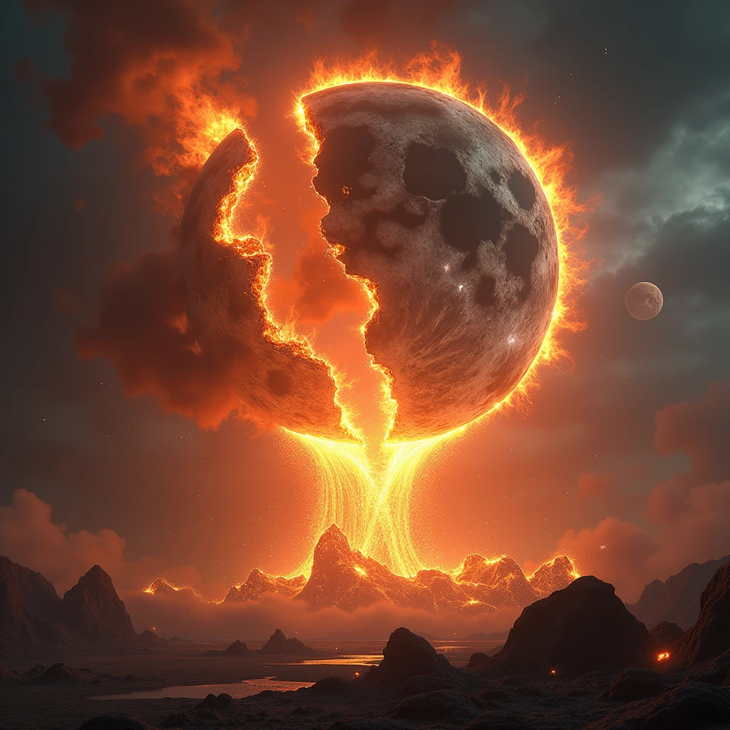 moon split in half, Shattered, falling to earth, Panas, on fire, lava, Undoing