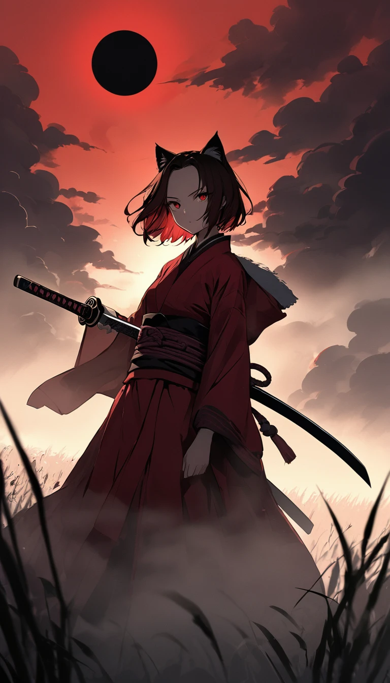 Ink drawn illustrations。high resolution。Beautiful Face。A woman in scarlet ronin clothing。Beautiful feet。Messy red short hair。forehead。Cat ear。Cat Eyes。 White silver grass field。A world of thick fog,。Red Eyes。clothes are blowing in the wind。Serious expression。The sword is at his waist。alone。Japan。black sun。Red Sky。Chiaroscuro,