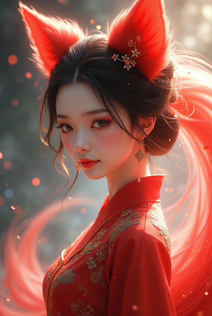 Create a Chinese historical anime female character who is a nine-tailed fox spirit, very beautiful face, wearing red costume, behind are nine tails