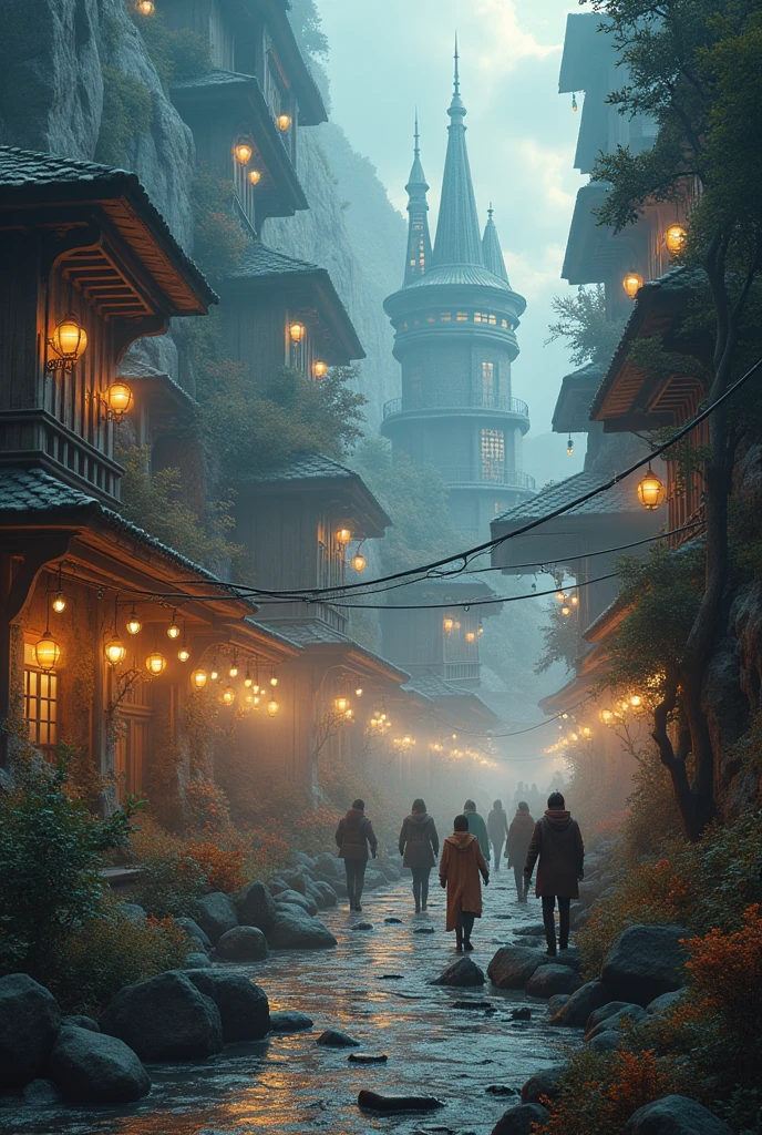 fantasy world, marvelous, full of fantasy and FICTION, Dye, low-lighting, Medium brightness (until), The landscape presents a civilization mixed with the medieval and futuristic, comely