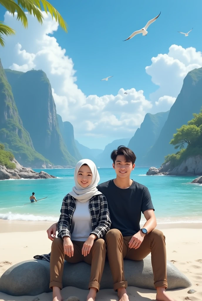 The views are simply stunning, on the beach under bright blue skies. A beautiful Korean girl, white skin, well-groomed face, thin smile, white hijab, with a black and white checkered shirt, white t-shirt, brown cargo pants, cool watch, and a handsome man, white skin, well-groomed face, with a black t-shirt. white, brown cargo pants, posing, sitting together with his partner. On the beach on a rock, under a bright blue sky, big sea waves in the background, there are fishermen, seagulls flying. clear blue sky, very beautiful, mountains and waterfalls,