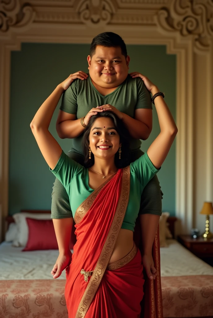 Beautiful and Slim Indian woman in green blouse red saree lifting a large chubby man above her shoulders, man is sitting on woman's shoulders, in a bedroom with high ceiling, natural smile, woman is looking into the camera , full body image