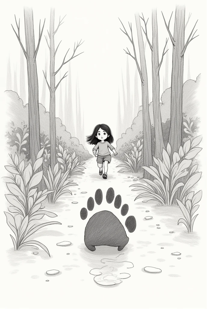 a panda footprint as a background and inside the footprint a girl runs chasing a panda in a forest drawn in pencil