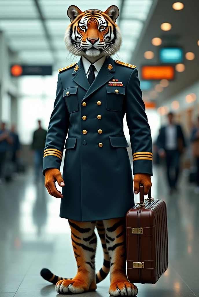 Tiger as a pilot waring a uniform of a pilot and with a suitcase in a airport