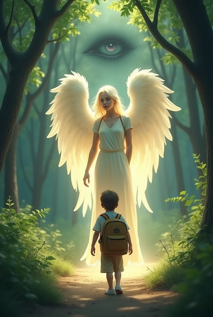 Can you generate a boy walking with a school back and can you make the boy are like the angel protecting the boy, and the background should be like are tree too much like the angel is protecting the boy and the background there's like a eye watching the boy