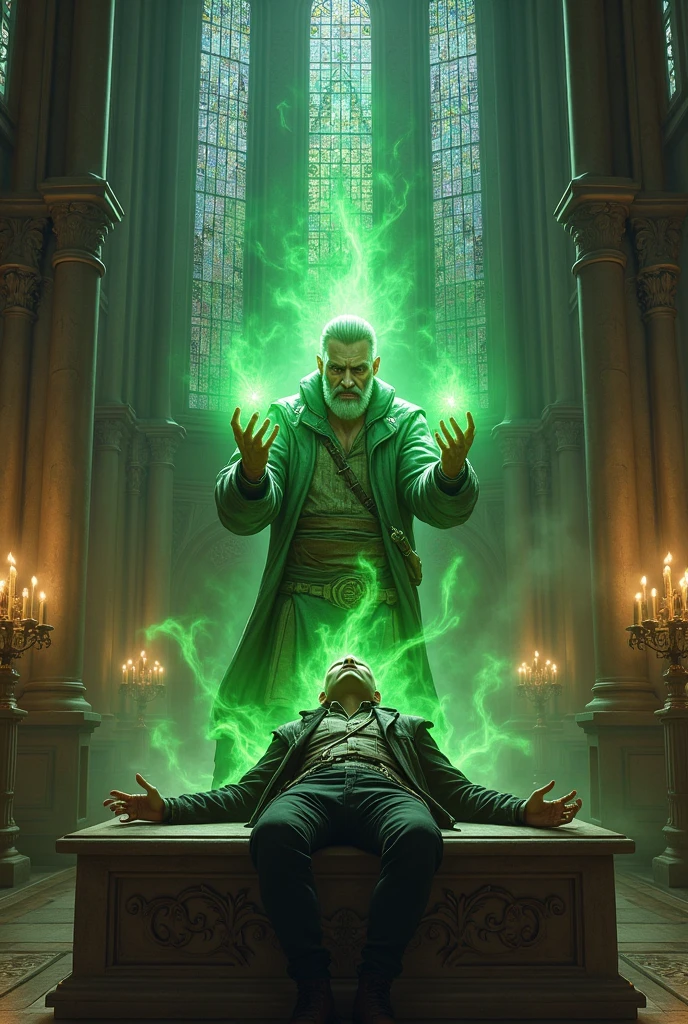 Rogue man, RPG, dead and being resurrected by a cleric with a green light at the tip of his hands, on an altar in the church