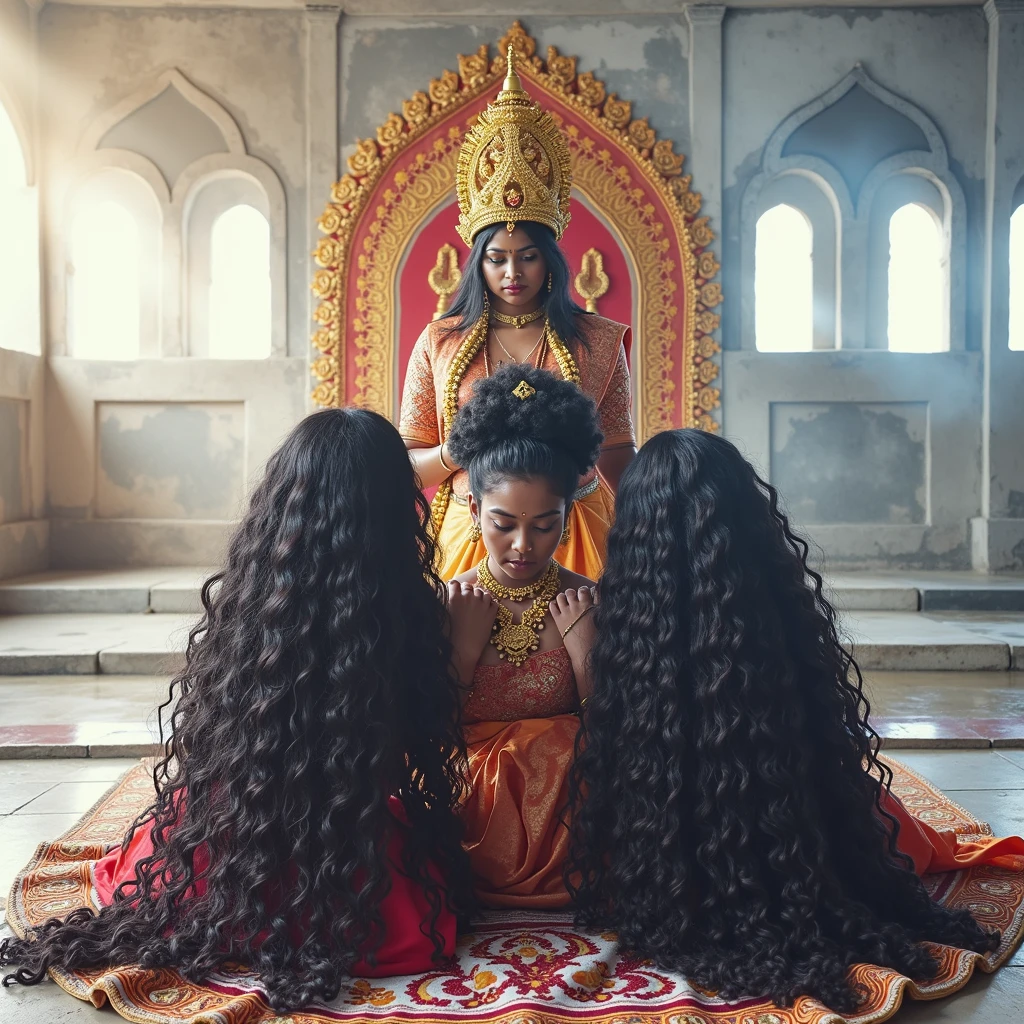 An unusual yet intriguing scene set within the sacred precincts of an ancient Indian Kali temple. Three young Indian ladies, adorned in vibrant, traditional sarees, stand out against the dark, mystical backdrop. Their unnaturally black, 3C curly hair, reminiscent of coiled springs, draws the eye with its inexplicable sheen and volume. Each strand seems to have been meticulously crafted by an unseen hand, coiled and coiled a million times over until it reaches a state of surreal perfection. The hair appears to have been showered with an unimaginable amount of oil, so much so that it resembles wet pulp, saturated and absorbing the light around them. The kneeled lady in the center, with her hair cascading down her back, is the focal point as her tresses shimmer and reflect like a sea of black mirrors. The other two ladies, their own hair equally as wet and oil-soaked, lean over her from behind. With a playful yet fervent expression, they begin to lick and kiss her scalp, their movements seemingly driven by an unbridled passion. This act of intimate hair worship is both mesmerizing and slightly jarring, as their thick, curly locks, like dark waterfall of springs, bounce and sway with each tender caress. The scene is suffused with an air of strange ritual, as if the very essence of the divine is being invoked through the act of grooming and adoration. Each curl is a testament to the boundless creativity of nature, while the trio's shared experience speaks to a deep-rooted bond of sisterhood and the mysterious powers of feminine unity. The image captures a moment that is at once sensual, spiritual, and eerily beautiful, leaving the viewer to ponder the story behind this peculiar tableau.