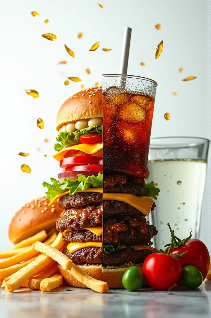 Create an image in which one side fast food and the other side healthy food 