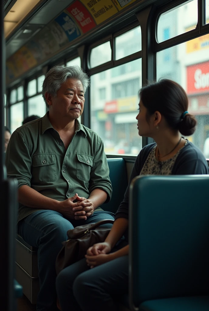 A middle-aged man entered the bus and sat down next to a woman.