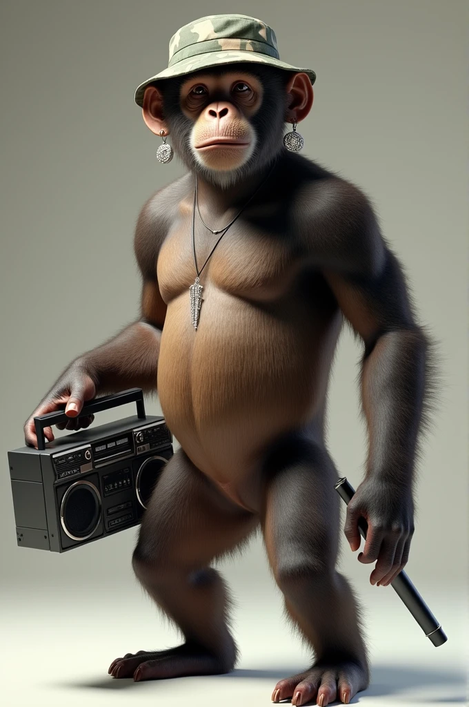 A realistic looking man size monkey with diamond ear rings and a camo bucket hat and boombox and mic