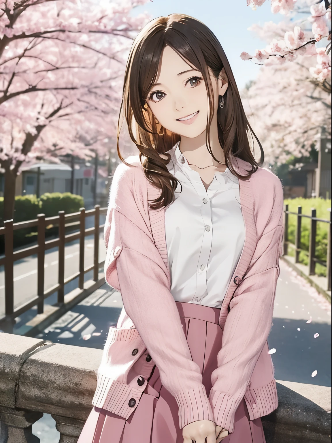 High resolution, 8k, Highest quality, detailed, Semi-realistic anime, Anime 3D Style, Smooth anime CG, One Girl, A 20-year-old Japanese woman, slim, Modeled, Shiny brown hair, detailedな顔, Beautiful and detailed, Glowing Skin, Hard Focus、Film Grain, Soft lighting, Looking at the audience, Laughter, (Pink cardigan and skirt), A tree-lined street with cherry blossom petals falling、A calm day with a spring breeze