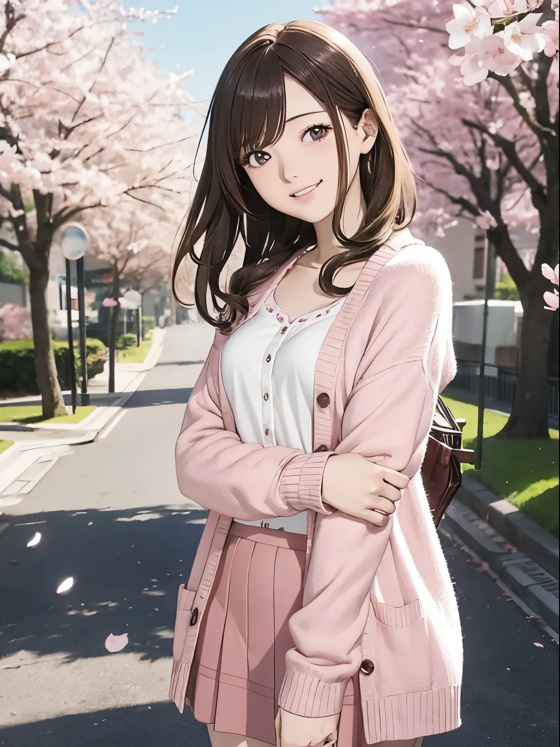 High resolution, 8k, Highest quality, detailed, Semi-realistic anime, Anime 3D Style, Smooth anime CG, One Girl, A 20-year-old Japanese woman, slim, Modeled, Shiny brown hair, detailedな顔, Beautiful and detailed, Glowing Skin, Hard Focus、Film Grain, Soft lighting, Looking at the audience, Laughter, (Pink cardigan and skirt), A tree-lined street with cherry blossom petals falling、A calm day with a spring breeze