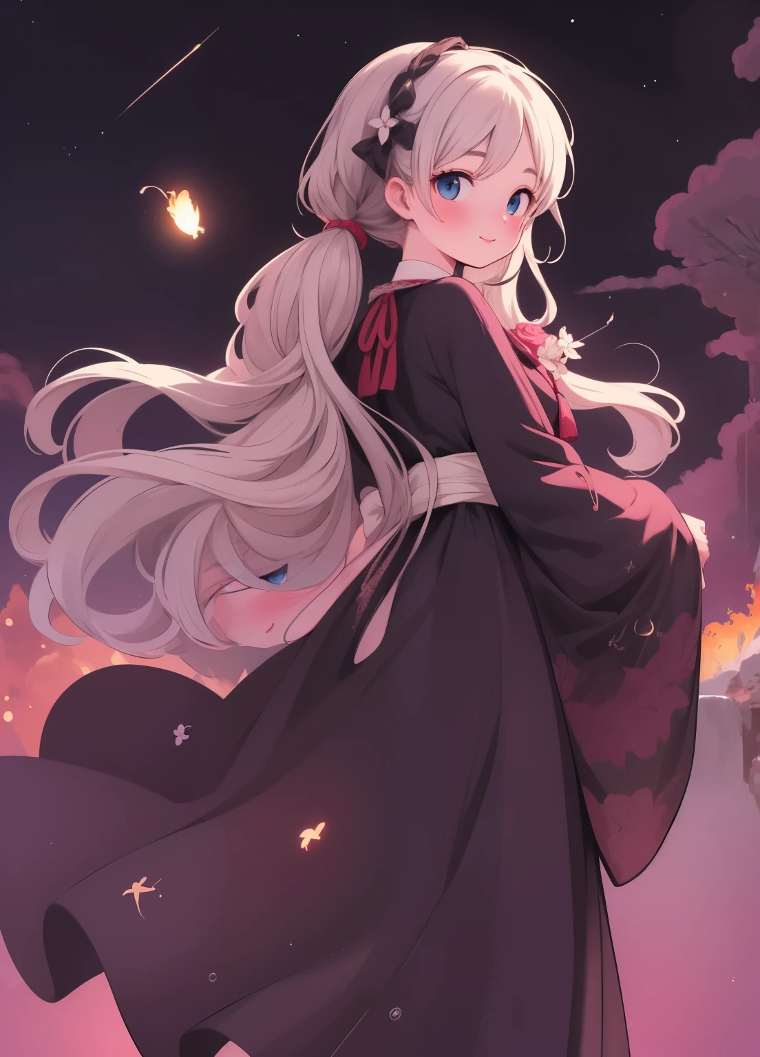 (masterpiece、Highest quality、Highest quality、Official Art、Beautiful and beautiful:1.2)、(One person:1.3)Hatsune Miku、Twin tails,Beautiful breasts, Katsushika Hokusai,8k resolution, masterpiece, Highest quality, Award-winning works, unrealistic, From above, erotic, Only sexy women, healthy shaped body, 2, White Mage, Height: 170cm, Large, firm, swaying bust,, Silvery long wavy hair, Detailed facial depiction, break, Mysterious blue eyes, Standard nose, eyeliner, Pink Lips, Sexy long legs, Beautiful Skin, knight, Beautiful long walking sticks in seven colors, Gothic , Gothic ruffle long dress, A dress with a complex structure, Seven colourful dresses, Clothed in flames, Phoenix Crest, elegant, Very detailed, Delicate depiction of hair, Miniature Painting, Digital Painting, artステーションコンセプトart, Smooth, Sharp focus, shape, artジャム、Greg Rutkowski、Alphonse Mucha、William Adolphe Bouguereau、art:Stephanie Law , Royal Jewel, nature, Symmetric, Greg Rutkowski, Charlie Bowwater, unrealistic, Surreal, Dynamic Lighting, ファンタジーart, Complex colors, Colorful magic circle, flash, dynamic sexy pose, A kind smile, Mysterious Background, aura, A gentle gaze, break, Small faint lights and flying fireflies, night, lanthanum, 山の頂From above下界を見下ろす, Starry Sky, milky way, nebula, shooting star, Flowers, bird, Wind and Moon, (Rear view, Looking back towards the camera:1.3),