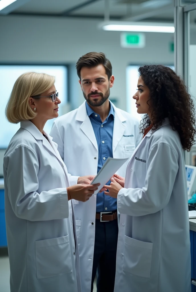 Three people are in the lab standing, they are wearing lab coats. One of them is early 60s woman, blonde short size hair and she is the auditor, holding some documents. One auditee is at early 30s man handsome with dark hair, beard and blue eyes, other auditte is middle early 40s woman with middle sized dark curly hair, hair not binded, she is from europe without African roots. All three's faces are visible and look real people from pictures. They are in a company called Novonesis. They are talking to each other not looking at the camera