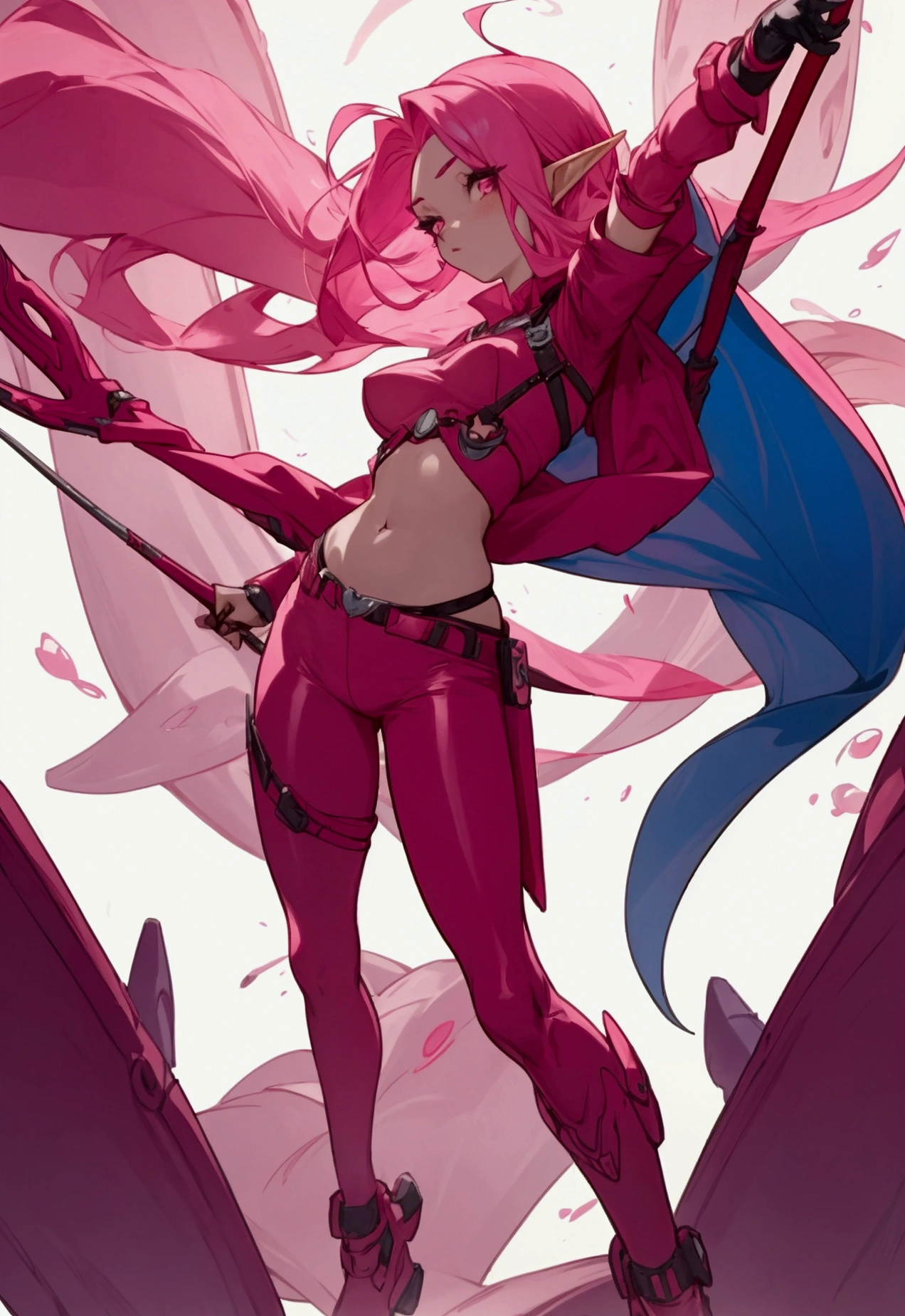 A full-body concept of an anime-style girl with pink hair, wearing red spandex shorts and a cropped top, holding a long magical staff. The character is inspired by V from Devil May Cry, reimagined as an elf with mystical features. Her pink hair cascades down her back, adding to her ethereal appearance. She stands confidently, exuding a mix of elegance and power, with pointed elf ears peeking through her hair.
Alongside her, there’s a succubus character dressed in a tight, short spandex outfit, showcasing her alluring and dangerous aura. The succubus has a seductive, confident pose that accentuates her curves and sharp features.
Another character in the scene is an anime girl with a bow and arrow, wearing a tight, vibrant outfit, ready to shoot. The lineart is colored, with vivid details and sharp contrasts that emphasize the dynamic and intense nature of the scene. The entire composition has the feel of a 'deviant adoptable' art style, with unique and creative designs.
Finally, there’s a humanoid pink female squid girl, blending the characteristics of a squid with an anime aesthetic. Her pink skin and tentacle-like features add a quirky and interesting contrast to the other characters. The overall scene is vibrant, with a mix of elegant, sexy, and fantastical elements, all brought together in a detailed, anime-inspired artwork."
This description should capture the essence of what you're aiming for, blending the various characters and elements into a cohesive and detailed concept.