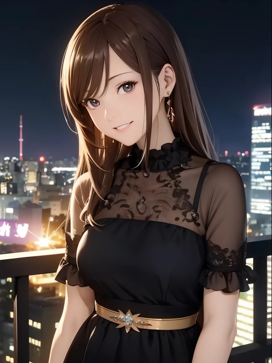 High resolution, 8k, Highest quality, detailed, Semi-realistic anime, Anime 3D Style, Smooth anime CG, One Girl, A 20-year-old Japanese woman, slim, Modeled, Shiny brown hair, detailedな顔, Beautiful and detailed, Glowing Skin, Hard Focus、Film Grain, Soft lighting, Looking at the audience, Laughter, (Elegant Dresses、Sophisticated style that matches the urban atmosphere), Night view of a city lined with skyscrapers