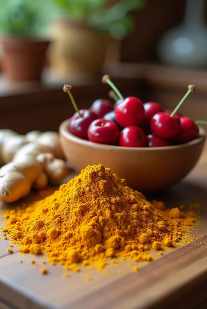 A beautiful kitchen countertop, made of wood, and on top of it a portion of turmeric powder, ginger roots and a beautiful bowl with a mix of red fruits