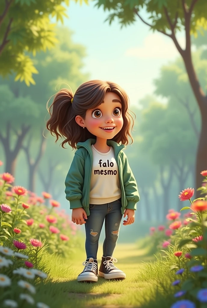 Pixar inspired 2D poster print capturing a scene with a buxom 40 year old woman, middle parted brown hair, cabelo repartido ao meio, Caucasian skin. Small brown eyes, small and thin nose, wrinkle between the eyebrows, rounded eyebrows, square chin, chubby face, thin and slightly full lips, full breasts, Smiling, Caucasian skin, wearing a t-shirt with the inscription “FALO MESMO”. DEBACY FACE, JACKET AND JEANS TROUSERS with all star sneakers