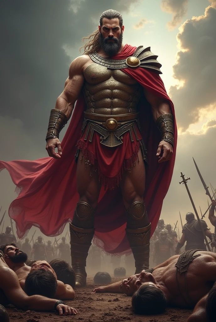 Greek god Ares standing with dead men lying below him