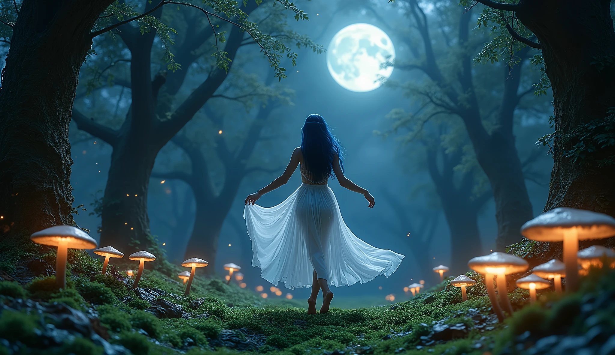 Setting: A mystical, moonlit glade deep within the forest, where an alluring elf dances gracefully under the stars.
Description: The elf has lustrous, dark blue hair and wears a revealing, flowing dress made of silk and moonlight. Her movements are fluid and graceful, and her skin has a faint, ethereal glow. She dances barefoot on a carpet of soft moss, surrounded by glowing mushrooms and twinkling starlight. The background features ancient stone arches entwined with vines, with the full moon casting a gentle light over the scene. The entire setting exudes tranquility and otherworldly beauty, creating an ideal atmosphere for focus and relaxation. Aim for realistic depiction, make sure photos are at highest resolution (8K)