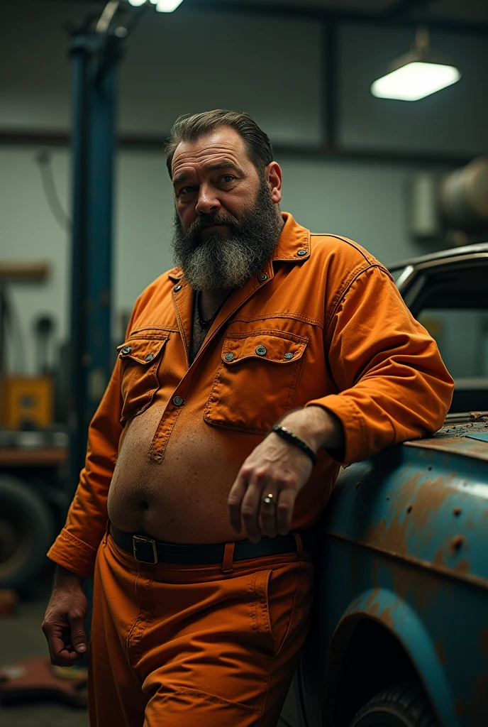 30 year old burly mechanic with a protruding belly wearing an orange uniform, he is leaning against a car and masturbating with his erect penis in his hand, dirty with oil and grease, dramatic and cinematic lighting, dirty man, dirt