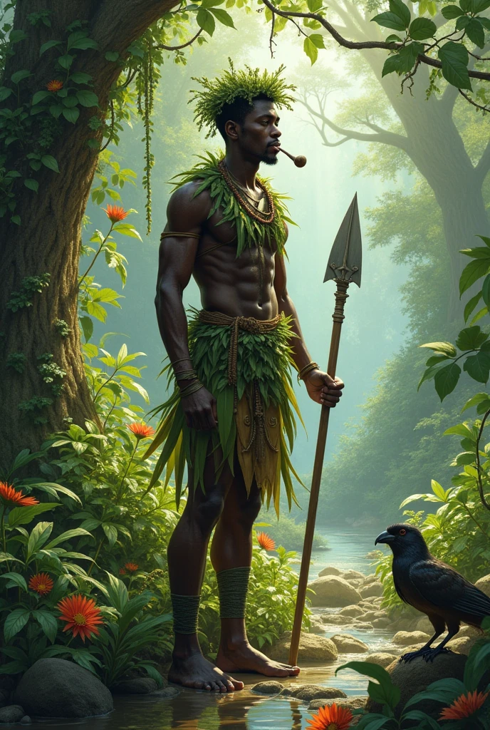 black-skinned male, short-hair, with a crown of herbs on her head, supported only on one leg, in one hand he carries a small seven-pointed tribal spear, smoking a sacred ritual pipe, dressed only in leaves and herbs, that involves the waist and chest, calm demeanor, pure and distracted, olhando para as Trees, a beautiful bird accompanies him like a faithful friend, It is located in a virgin flower, richly adorned with many species of plants, Trees, climbing vines, flowers, all with great healing power, a great atmosphere of joy and protection is in the air, a stream in the distance.