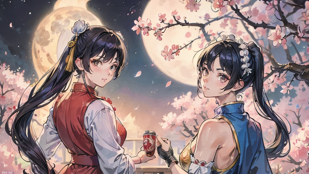 Street Fighter Chun-Li　anime　Cherry Blossoms at Night　Looking Back　moon　China dress　human　One person