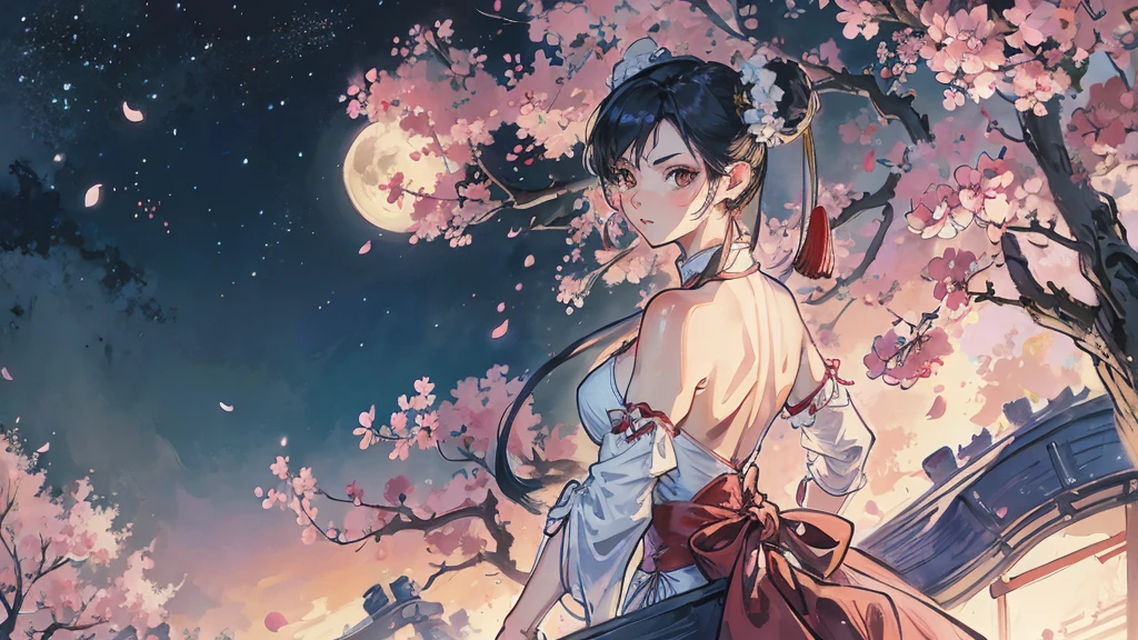 Street Fighter Chun-Li anime Cherry Blossoms at Night Looking Back moon China dress human One person