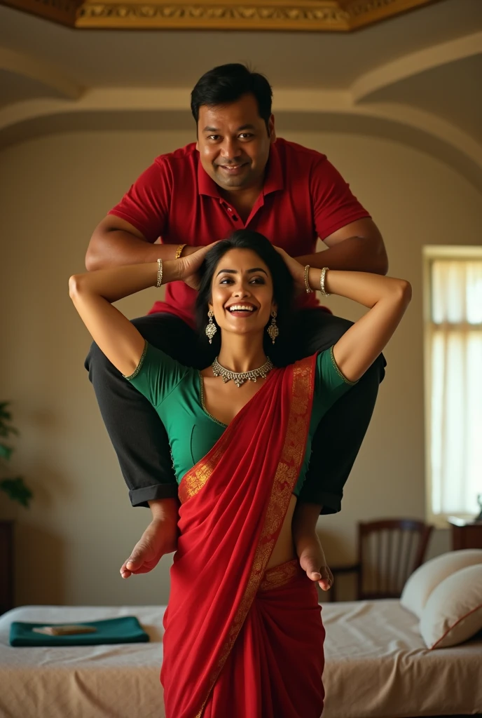 Beautiful and Slim Indian woman in green blouse red saree lifting a large chubby man above her shoulders, man is sitting on woman's shoulders, in a bedroom with high ceiling, natural smile, woman is looking into the camera , full body image