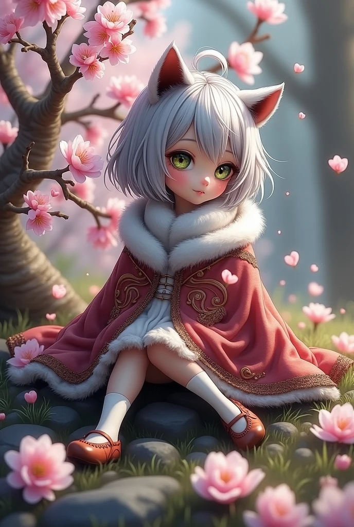 Super mini size、eye々crisp、片方のeyeは緑色で、もう片方のeyeは茶色です、length, Curled eyelashes、Hair is silver、Raccoon Ears、Wearing fluttery clothes、Beautiful fairy、Is that a cherry blossom tree in the background?