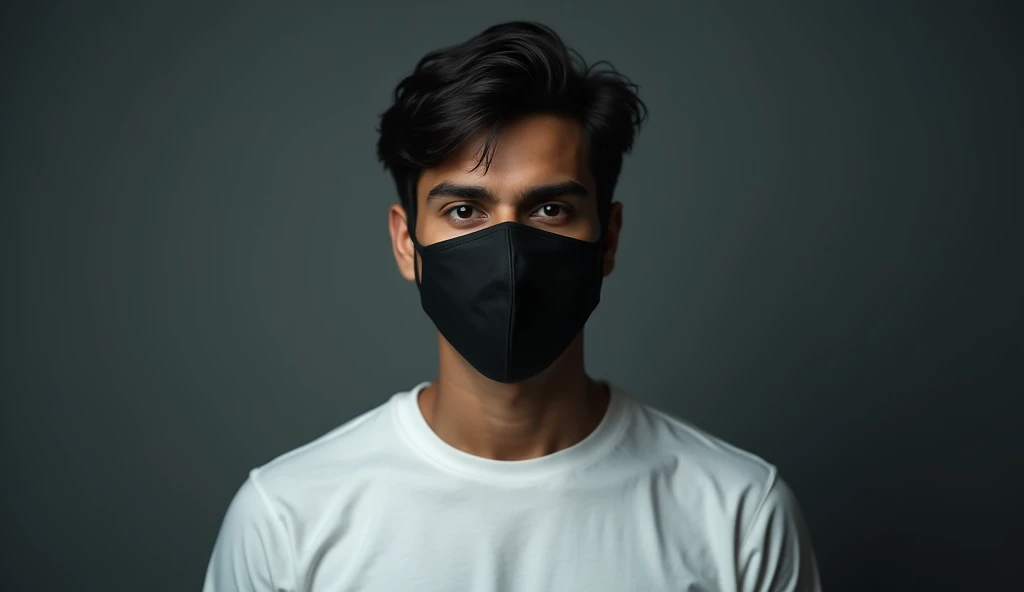 A Indian men wearing mask on the face because he didn't wants to revile own face and he also wear white t-shirt. Short mask use and image some jome. The men is young and his colour is Indian white