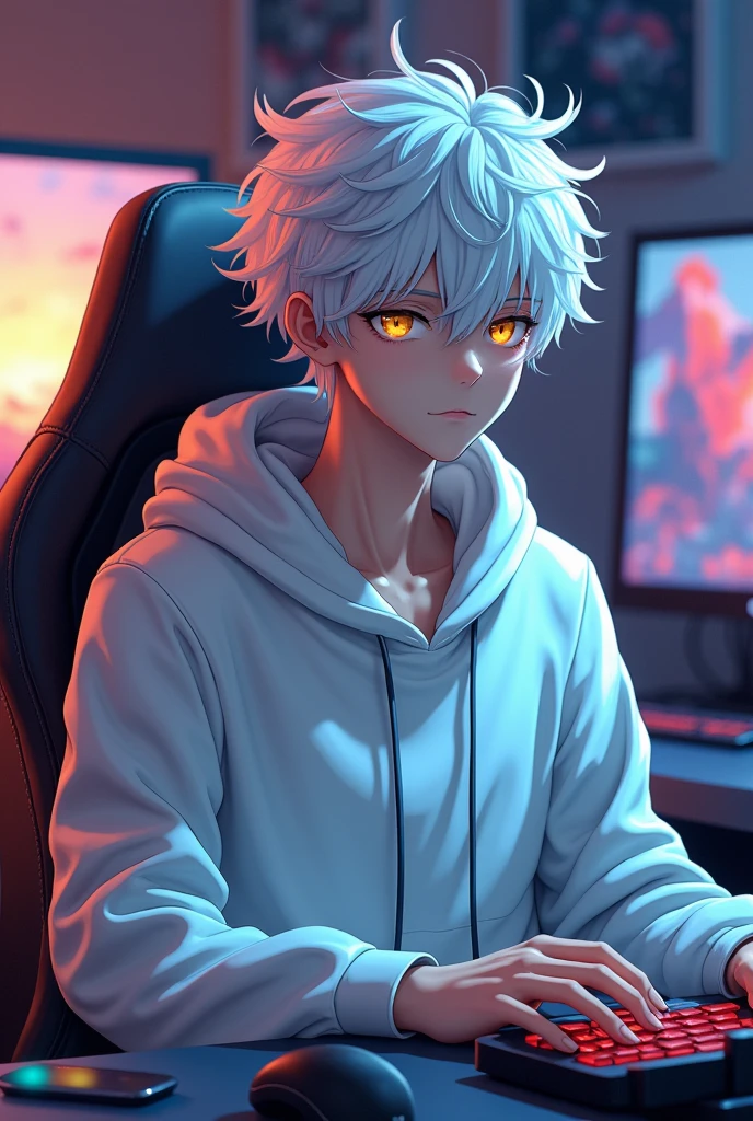 An handsome young Japanese man with white messy hair and golden eyes. White hoodsweater. A bit skinny. Sat on a chair with his gaming set up. Anime.