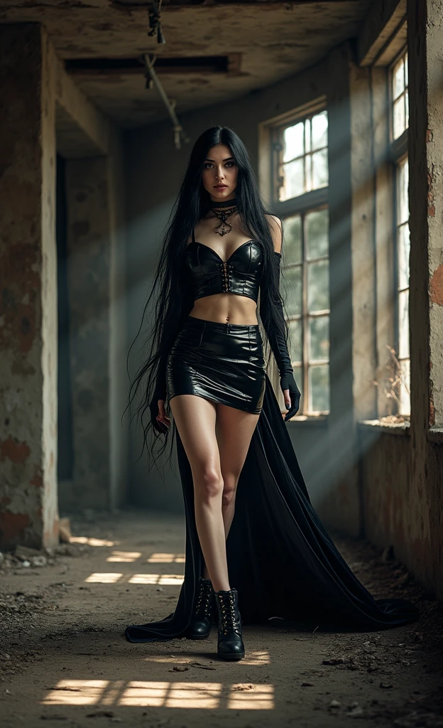 A mesmerizing photo of a gothic woman with exceptionally long black hair and striking dark makeup explores an eerie, abandoned building. The woman's outfit consists of a short, shimmering black PVC skirt with a dramatic side slit, revealing her toned legs. Sunlight streams through the broken windows, casting dramatic shadows and highlighting her every movement. She exudes an air of mystery and confidence as she gracefully struts through the desolate space, leaving a trail of enchantment behind her. The atmosphere is hauntingly beautiful, with the melancholic ambiance of the abandoned building contrasting with the woman's captivating presence, creating an unforgettable scene.