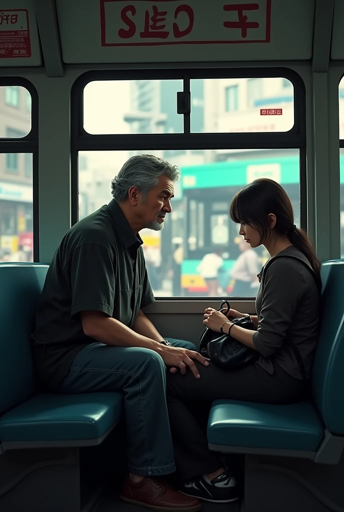 A middle-aged man entered the bus and sat down next to a woman.