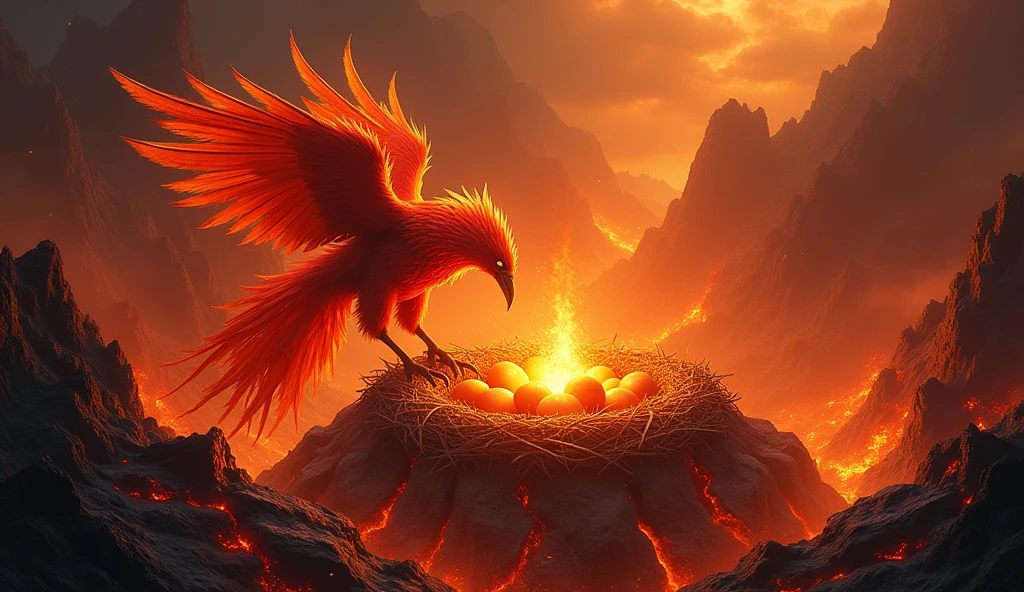 A breathtaking scene of a Phoenix nest perched within the heart of a massive, active volcano. The Phoenix is seen tending to its glowing, ember-like eggs, surrounded by a swirling aura of fire and heat. The volcano’s interior is a mix of flowing lava, sharp obsidian rocks, and pillars of smoke rising towards the crater’s opening. The Phoenix itself glows with an inner fire, its feathers shimmering in shades of red, orange, and gold. The atmosphere is intense, with the heat and light of the volcano creating a dramatic and otherworldly environment.
