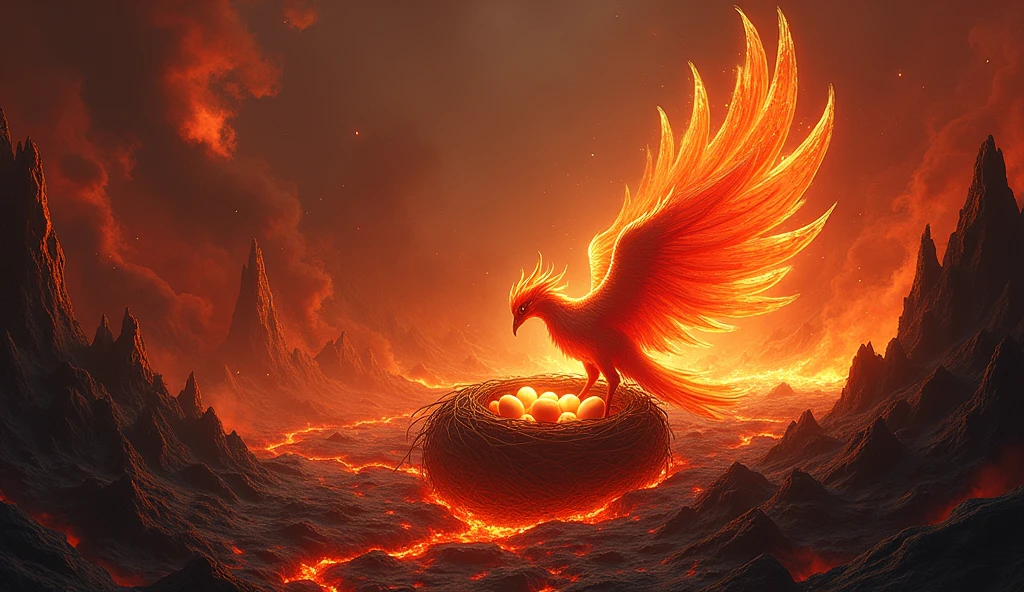 A breathtaking scene of a Phoenix nest perched within the heart of a massive, active volcano. The Phoenix is seen tending to its glowing, ember-like eggs, surrounded by a swirling aura of fire and heat. The volcano’s interior is a mix of flowing lava, sharp obsidian rocks, and pillars of smoke rising towards the crater’s opening. The Phoenix itself glows with an inner fire, its feathers shimmering in shades of red, orange, and gold. The atmosphere is intense, with the heat and light of the volcano creating a dramatic and otherworldly environment.
