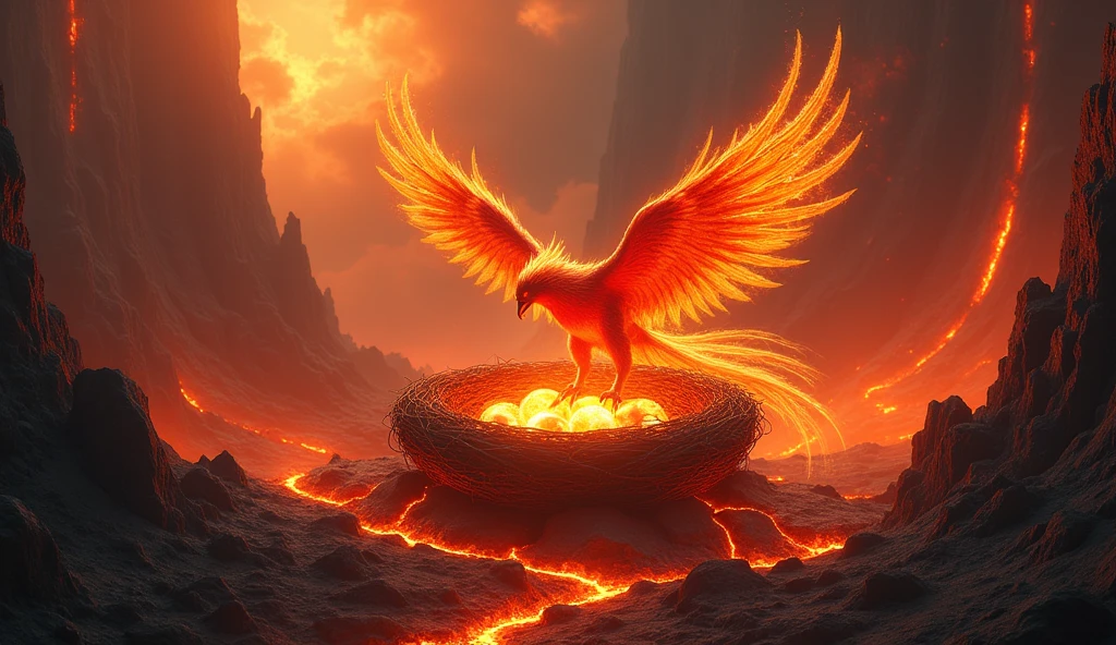 A breathtaking scene of a Phoenix nest perched within the heart of a massive, active volcano. The Phoenix is seen tending to its glowing, ember-like eggs, surrounded by a swirling aura of fire and heat. The volcano’s interior is a mix of flowing lava, sharp obsidian rocks, and pillars of smoke rising towards the crater’s opening. The Phoenix itself glows with an inner fire, its feathers shimmering in shades of red, orange, and gold. The atmosphere is intense, with the heat and light of the volcano creating a dramatic and otherworldly environment.