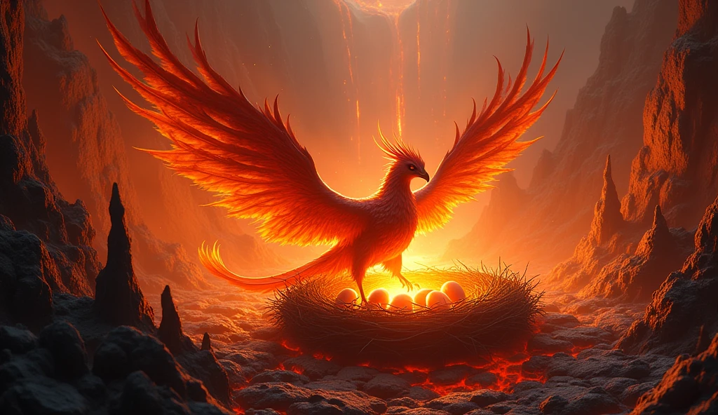 A breathtaking scene of a Phoenix nest perched within the heart of a massive, active volcano. The Phoenix is seen tending to its glowing, ember-like eggs, surrounded by a swirling aura of fire and heat. The volcano’s interior is a mix of flowing lava, sharp obsidian rocks, and pillars of smoke rising towards the crater’s opening. The Phoenix itself glows with an inner fire, its feathers shimmering in shades of red, orange, and gold. The atmosphere is intense, with the heat and light of the volcano creating a dramatic and otherworldly environment.
