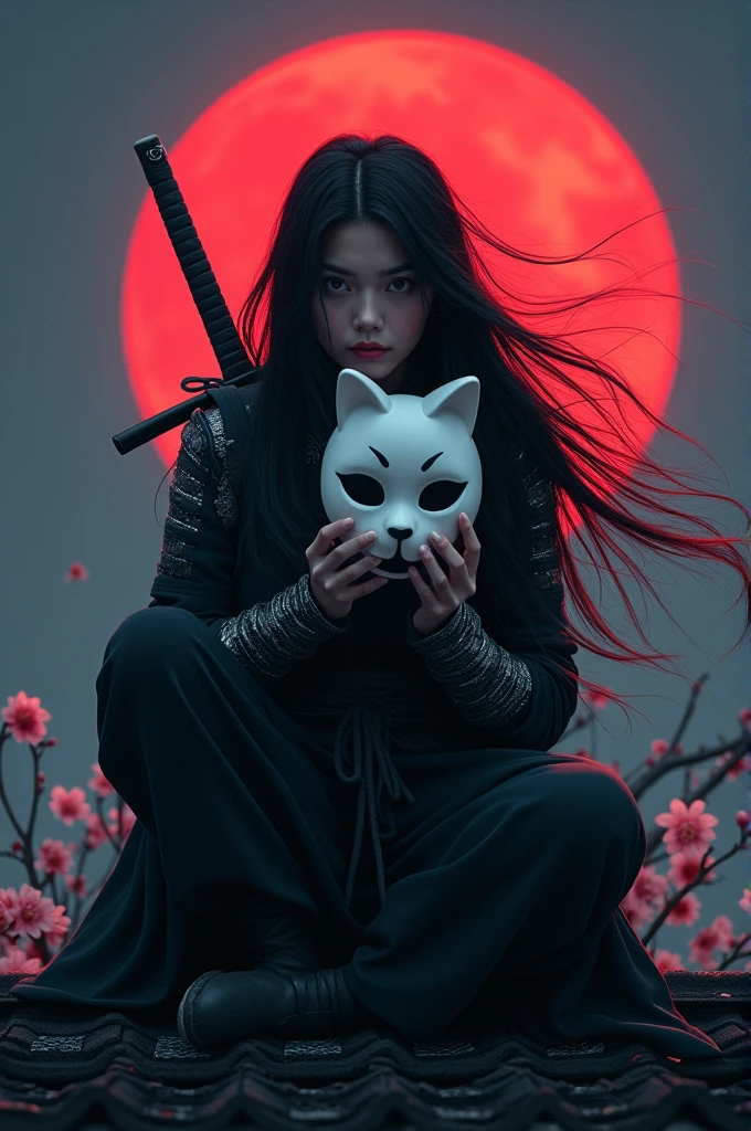 
The action of a 30 year old Indonesian woman, long black hair, sitting squatting on the edge of the roof of a Japanese house, holding a white cat-shaped mask, wearing a ninja costume, there is a blood stain effect on the costume. wearing iron armor complete with a large rope tied around his waist, long black trousers and tabi, there is a samurai sword placed on his back. his gaze is very sharp, the night atmosphere with the background of a large, bright red full moon adds to the drama of his narrative. atmosphere, flowers and cherry trees at night, hair blowing in the wind, cold, realistic details of a cold night scene realistic details of a cold night scene in a Japanese city
