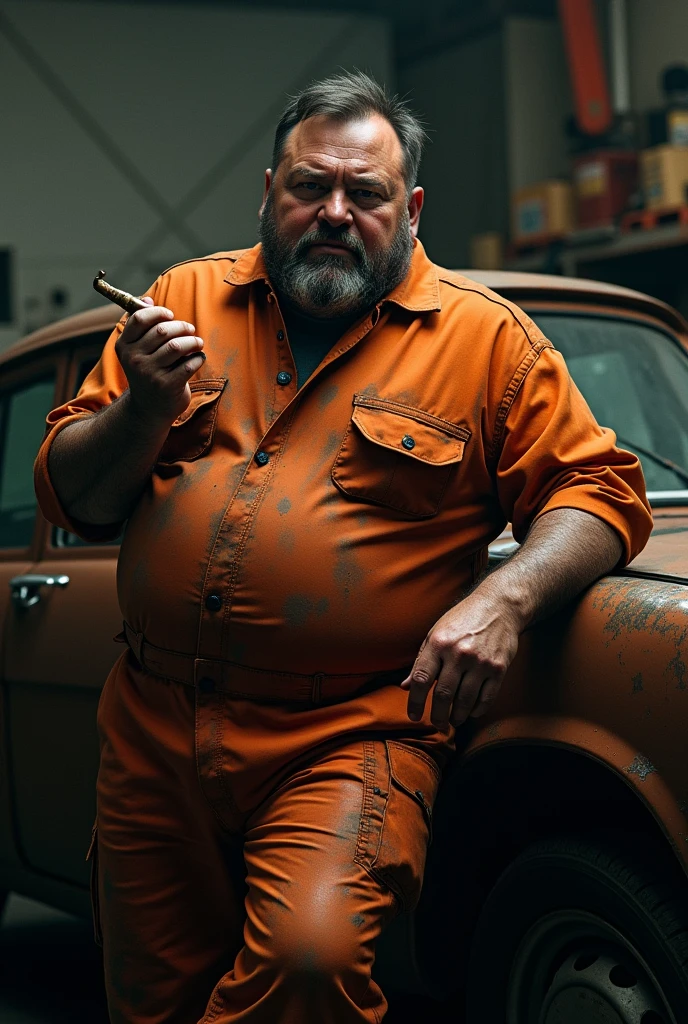 40 year old burly mechanic with a protruding belly wearing an orange uniform, he is leaning against a car and masturbating with his erect penis in his hand, dirty with oil and grease, dramatic and cinematic lighting, dirty man, dirt
