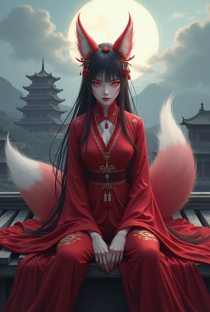 Create a Chinese ancient anime female character who is a nine-tailed fox spirit, very beautiful face, ghostly, shifty, Sharp, wearing red costume, behind are nine tails, đang mỉm cười ghostly ngồi trên mái nhà, Below is a bustling castle but not a soul in sight.