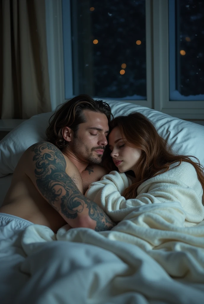 creating dynamic poses and long angle shots, a couple sleeping in a large bed,a man lying relaxed with his eyes closed, Yaman pode, 20 year, long brown hair with bun, strong square chin, defined chin, thin moustache, strong muscular physique, tattooed arm and hand, wearing no shirt, him&#39;is just wearing white boxer briefs with a big penis. Do lado dhim está dormindo uma jovem mulher, 20 year, Kennedy Walsh, phim branca delicada, freckles, very long silky brown hair with bangs, a usar um sweatshirt branco largo, covered with blanket, hugging him a little. They are sleeping on a large white bed in a dark modern room at night with window panes showing the falling snow.