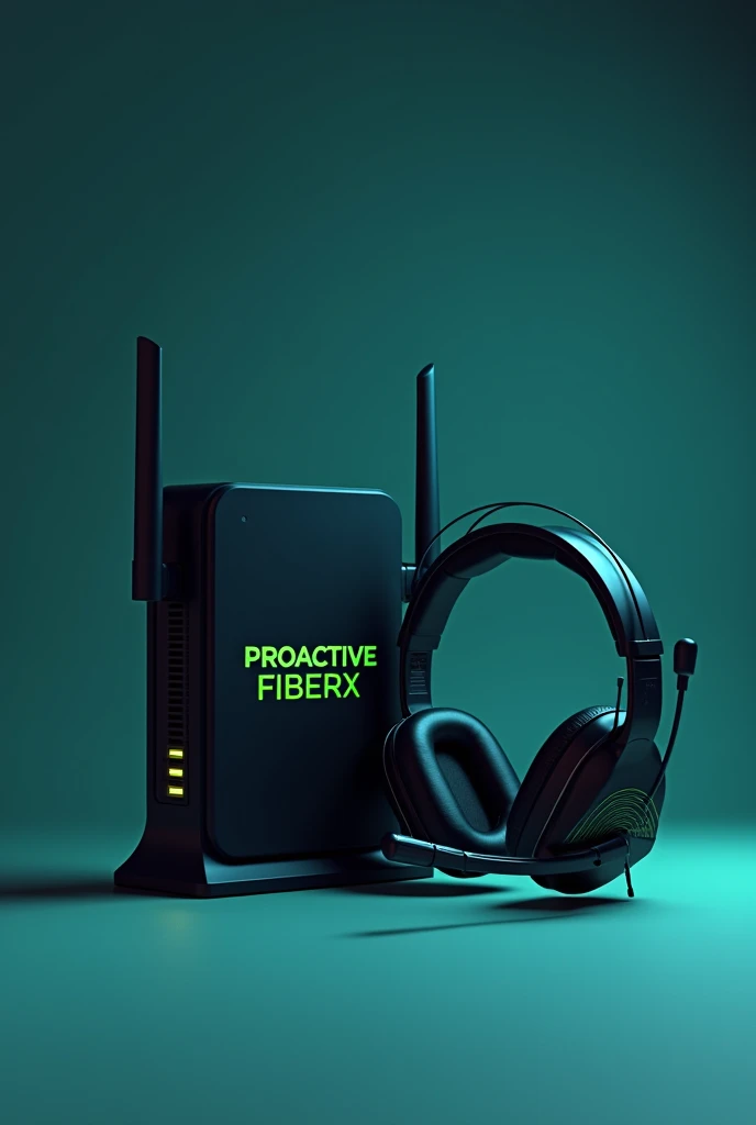 Create an image of a technical support headset and an internet ont, below written in bold text Proactive FiberX in black and green