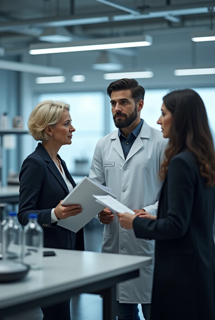 Three people are in the lab standing, they are wearing lab coats. One of them is early 60s woman, blonde short size hair and she is the auditor, holding some documents. One auditee is at early 30s man handsome with dark hair, beard and blue eyes, other auditte is middle early 40s woman with mid sized dark curly hair, hair not binded, she is from europe without African roots. All three's faces are visible and look real people from pictures. They are in a company called Novonesis. They are talking to each other not looking at the camera