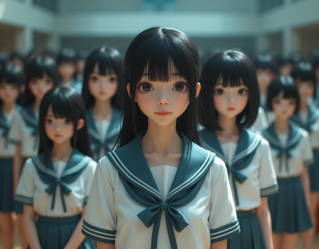 (Japanese Clone-girls=Myself), (Super Best masterpiece Clone-girls Raw Photography Art), (16K, Highest quality, Ultra-high resolution, RAW Photos), (It's so unrealistic., With unparalleled depiction, With an unfathomable sight, An unprecedented and shocking worldview, Clone-girls: In a world of mass reproduction, Ultra-realistic), (Japanese Girls, 16yo, Small face, Thick black hair, long hair, Dark Eyes, Mature face, かわいいsmile, Smiling face, A gentle gaze, Very pleasant look), (Very beautiful detailed girls, Accurate body structure, Accurate body movements, Very detailed body, (Super big breasts, Large bulge of ample breasts)), (Schoolgirl uniform, Short sleeve, mini skirt, Emphasise the fullness of your breasts), (Very detailed, Myself cloning, Depiction of splitting oneself, 1Myself girl→1,000,000,000,000,000,000,000,000,000,000Myself cloning girls), (Very detailed and intricate, Myself clone-girlsから, Myself's body is multiplying, A perfectly matched depiction, (In the same female body,With the same face, With the same hairstyle, In the same clothes, At the same height, 同じSuper big breasts)), (Myself girls only), Academy, gym, stage, academic level, Commemorative photo depiction, Group photo, Tiered stage photography, smile, Ultra-wide field of view