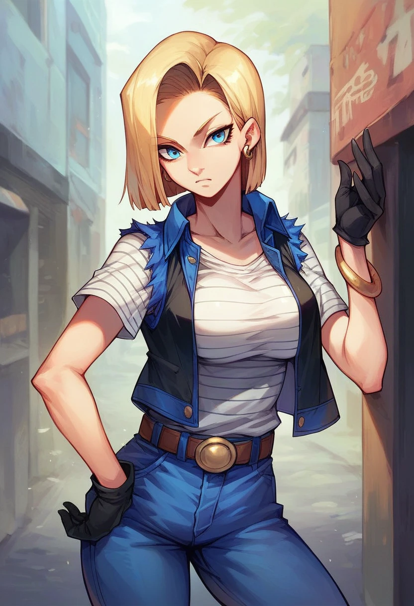 Best Quality, High resolution, Y18, 1 girl, Android 18, Alone, by rubio, blue eyes, belt, Cowboys, perla_collar, bracelet, black gloves, White shirt, short hair, short sleeves, earrings, blue pants, open vest, black vest, big breasts, cowboy shot, Street, straight,